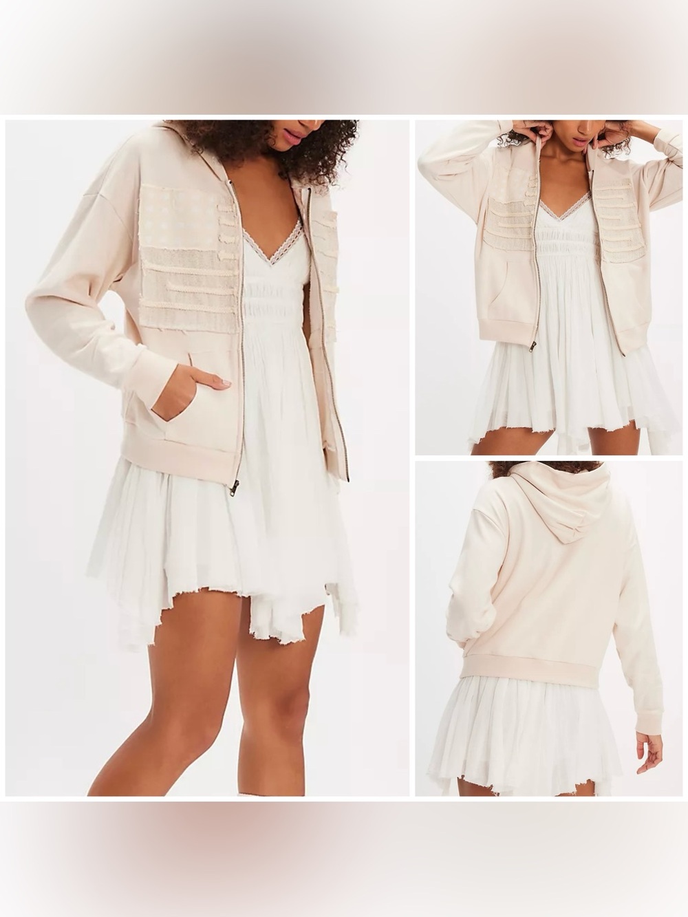 NWOT Free People Tricia Fix Flag Zipper Hoodie - cream combo - medium
